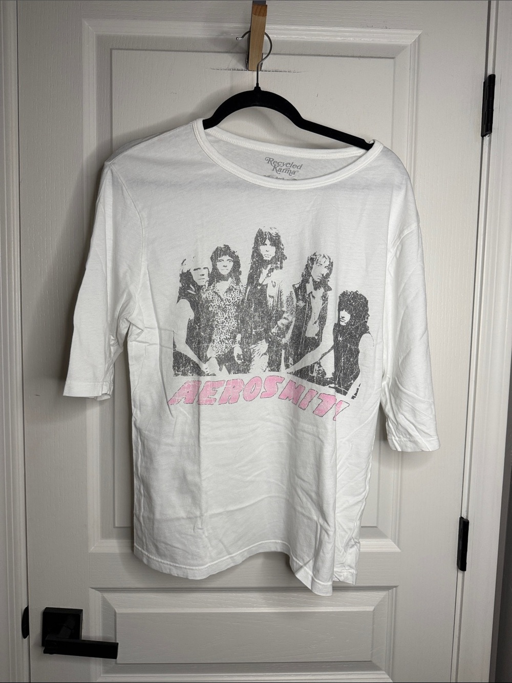 Recycled Karma White Aerosmith Photo Tee with Pink Logo 3/4 Sleeve - Picture 2 of 6